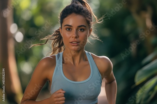 Fitness woman jogging outdoors, active, healthy lifestyle, dynamic motion, determined expression, outdoor setting.