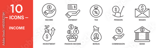 Income related vector icon set includes payment, tax, pension, wages, investment, passive income, bonus, commission, bank, and more icons