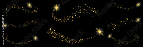 Gold shiny star confetti set. Magical gold sparkles shimmering waves light effect vetor collection. Golden stars dust flying on black background.