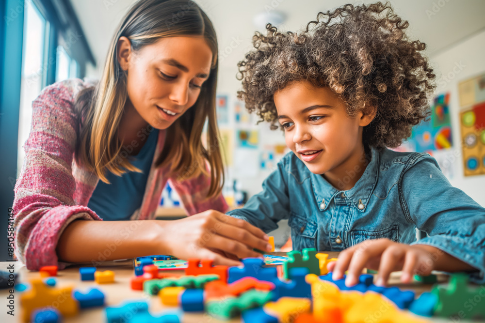 Fototapeta premium A teacher guiding a student through a critical thinking puzzle.