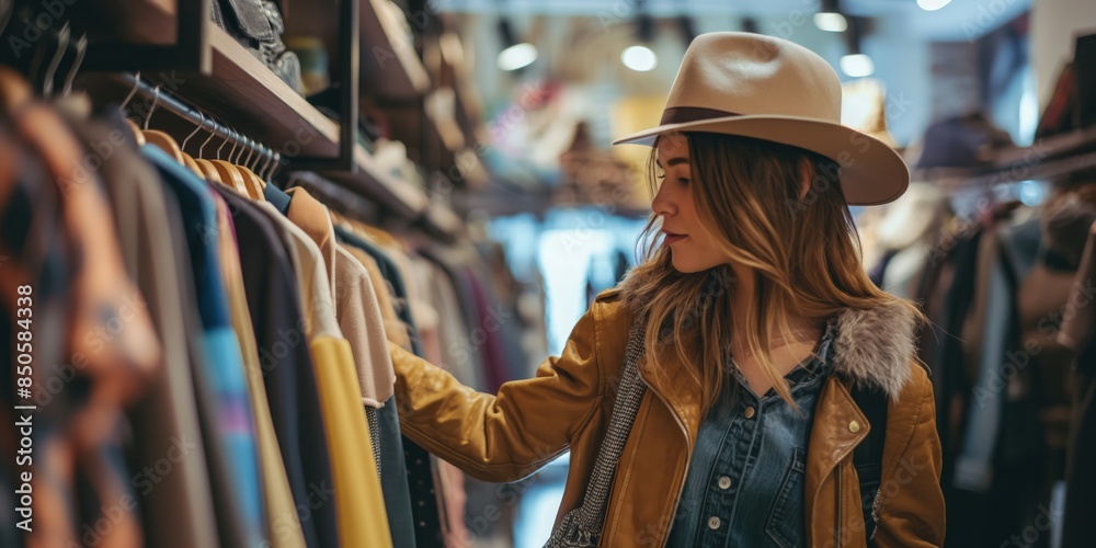Fototapeta premium A woman in a beige hat and leather coat browses through clothes in a chic boutique.