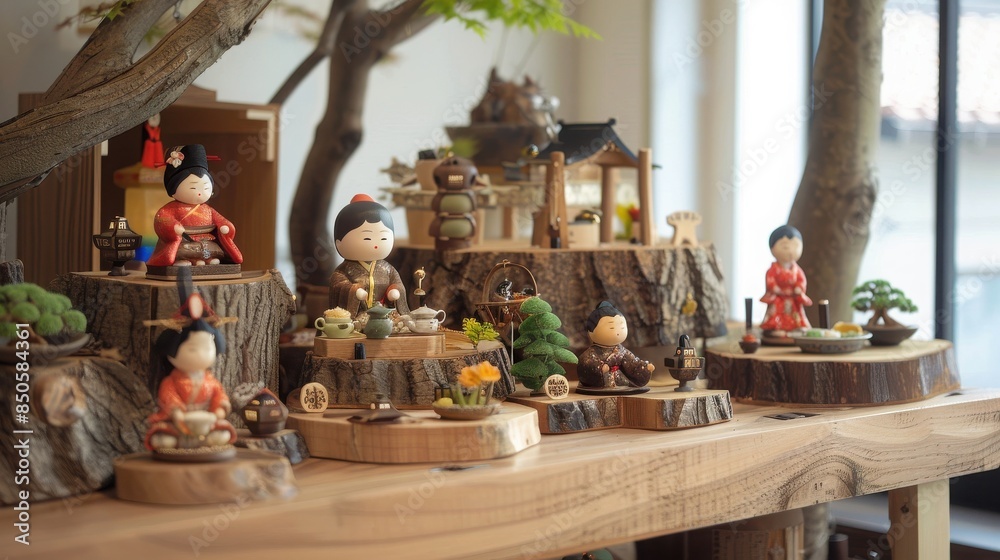 Hinamatsuri display with handcrafted wooden dolls, natural wood textures, and a rustic, earthy feel Hinamatsuri display with handcrafted wooden dolls, natural wood textures, and a rustic, earthy feel