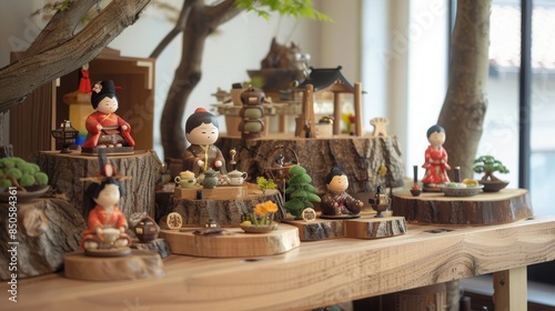 Hinamatsuri display with handcrafted wooden dolls, natural wood textures, and a rustic, earthy feel