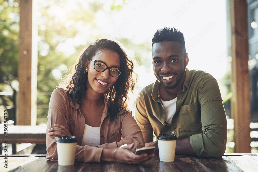 Portrait, smile and couple in cafe with phone, drink and connection for online dating relationship. Love, man and woman in coffee shop together with mobile app for contact, romance and networking Portrait, smile and couple in cafe with phone, drink and connection for online dating relationship. Love, man and woman in coffee shop together with mobile app for contact, romance and networking