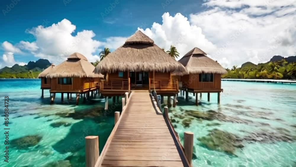 view of the shallow ocean with several accommodation huts above the sea water with a beautiful island background, seamless looping 4k animation video background 