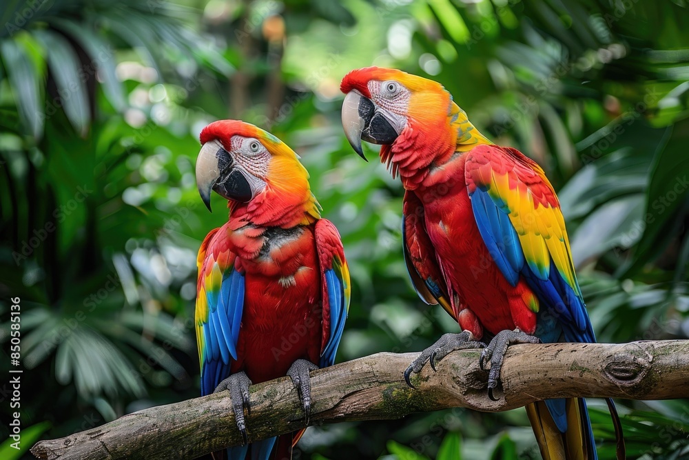 Fototapeta premium A pair of colorful parrots perched on a branch in a tropical rainforest, surrounded by lush green foliage
