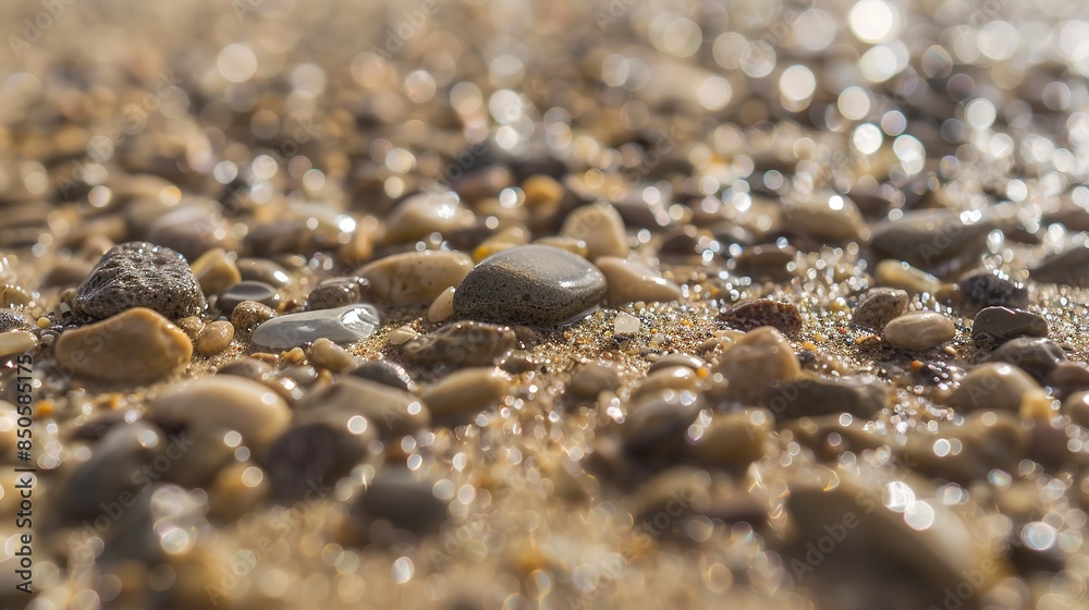 Close-up of wet sand, gentle natural light, smooth and compact with tiny pebbles. Close-up of wet sand, gentle natural light, smooth and compact with tiny pebbles.