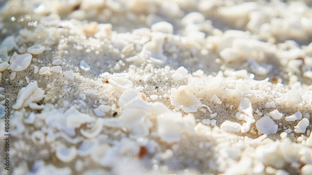 Close-up of coral sand, dappled sunlight, white grains with tiny coral fragments. Close-up of coral sand, dappled sunlight, white grains with tiny coral fragments.