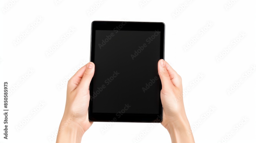 A person is holding a tablet with a black screen A person is holding a tablet with a black screen