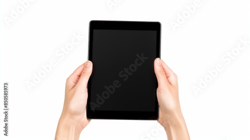 A person is holding a tablet with a black screen