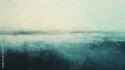 Abstract painting with blue and green hues blending into each other, creating a serene and calming atmosphere akin to a misty seascape.