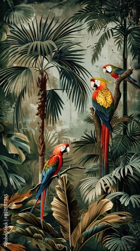 Jungle mural wallpaper design with parrot, colorful design, tropical and exotic. AI generated illustration