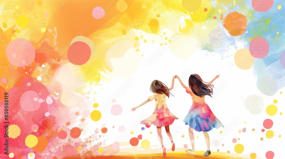 Happy international friendship day. The friends are having fun and running forward holding hands. Back view. Watercolor illustration. Horizontal banner, free space for text Happy international friendship day. The friends are having fun and running forward holding hands. Back view. Watercolor illustration. Horizontal banner, free space for text