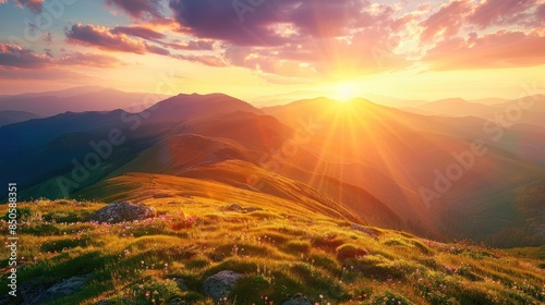 The sun is shining brightly on a beautiful mountain morning sunrise landscape