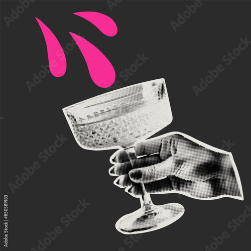 Woman s hand with a wide crystal wine glass. Halftone retro collage sticker. Vector illustration with vintage cutout shape.