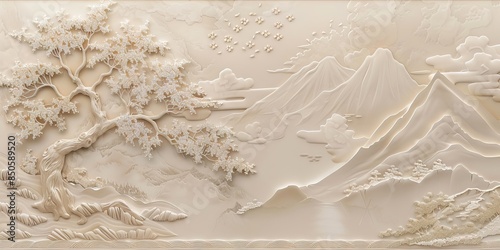 Fototapeta Naklejka Na Ścianę i Meble -  Beautiful sakura tree and mountain 3d relief wallpaper. Mural wallpaper. Wall art. AI generated illustration.