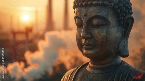 Close-up of a serene Buddha statue at sunset with incense smoke in the background. photo