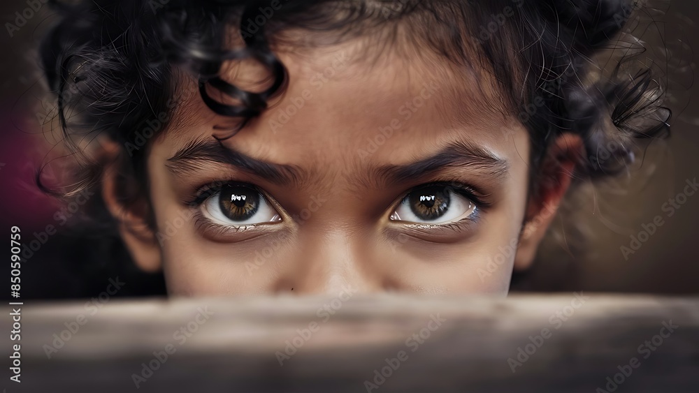 Fototapeta premium A close-up portrait of a little boy's face. He has big, brown eyes that are looking directly at the camera. Her skin is smooth, and he has curly hair that frames her face