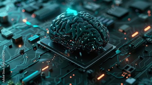 A photorealistic of futuristic electronic brain on a sleek motherboard, brain pulsing with artificial intelligence, ready to revolutionize the way companies operate