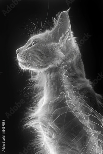 Detailed X-ray showing feline bone structure from head to tail.