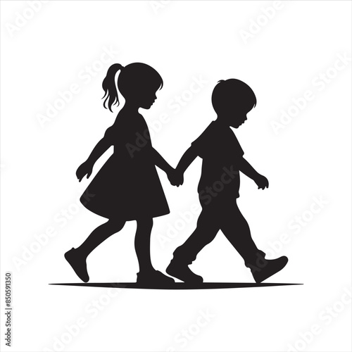 two children walking silhouette vector