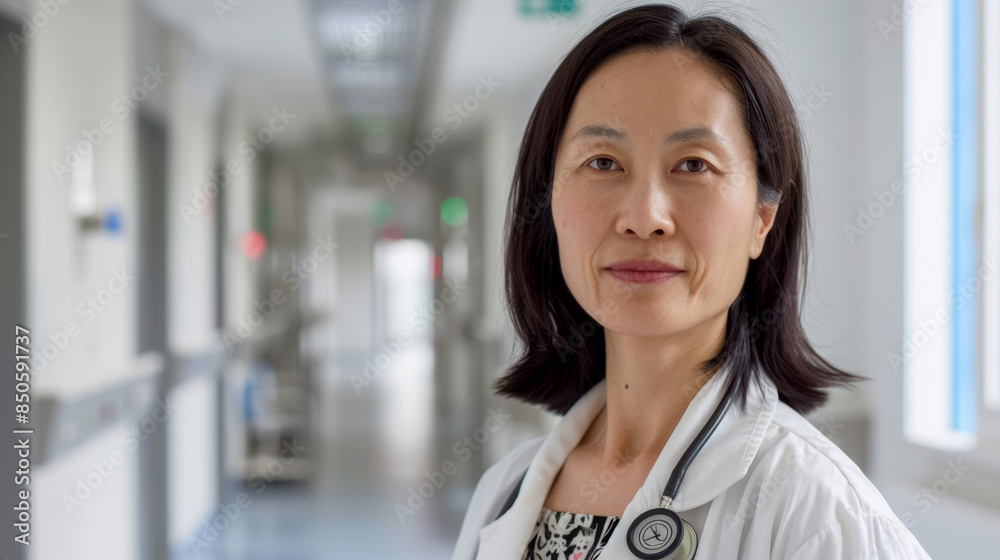 Portrait of a woman doctor of asian ethnicity with hospital corridor in background. Portrait of a woman doctor of asian ethnicity with hospital corridor in background.
