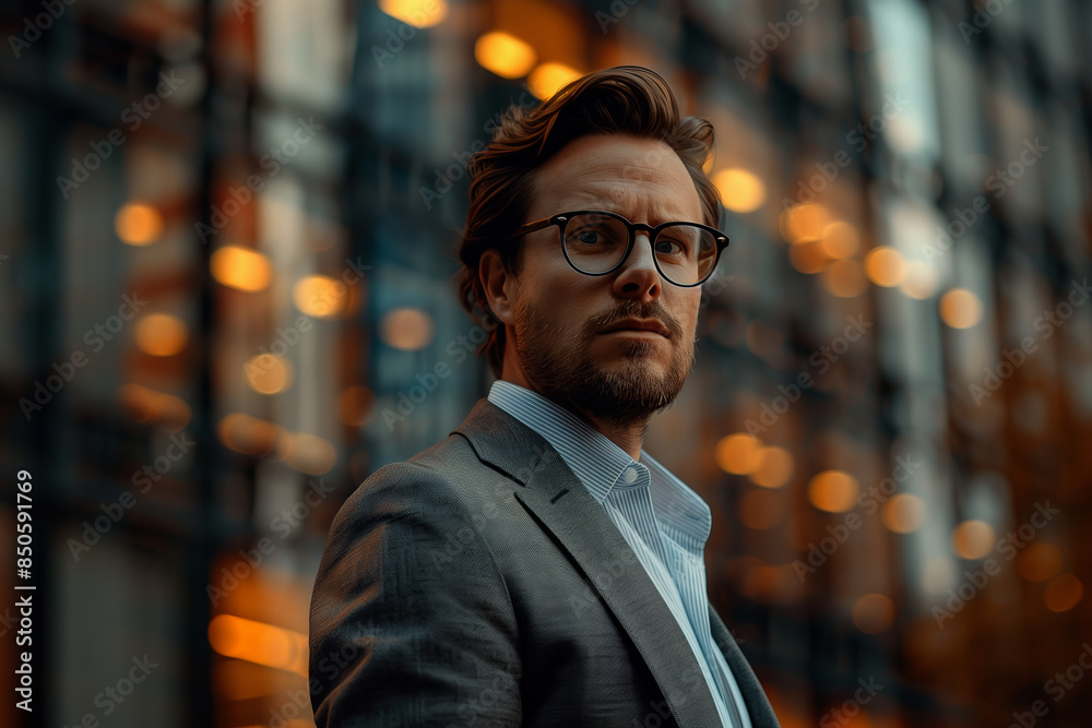 Obraz premium Man in suit and glasses stands outside building at night