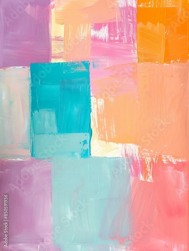 A textured abstract painting with a modern concept using pastel colors on canvas, featuring pink, purple, turquoise, yellow, and white