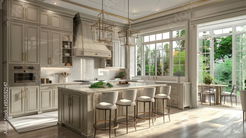A large kitchen with a wooden island and a wine cooler © artpray