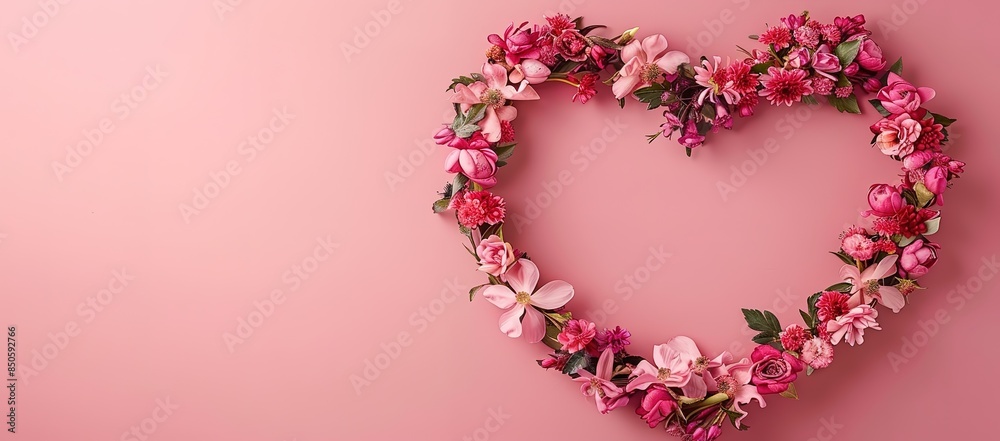 A number of pink flowers in the shape of a heart on a pink background A number of pink flowers in the shape of a heart on a pink background