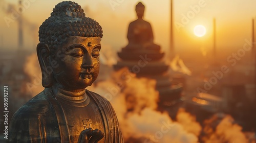 Bronze Buddha statue at sunset with incense smoke in the background. photo