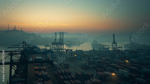 A port at dawn with the first light of day gently illuminating the horizon, containers neatly arranged and cranes standing tall © Lyell