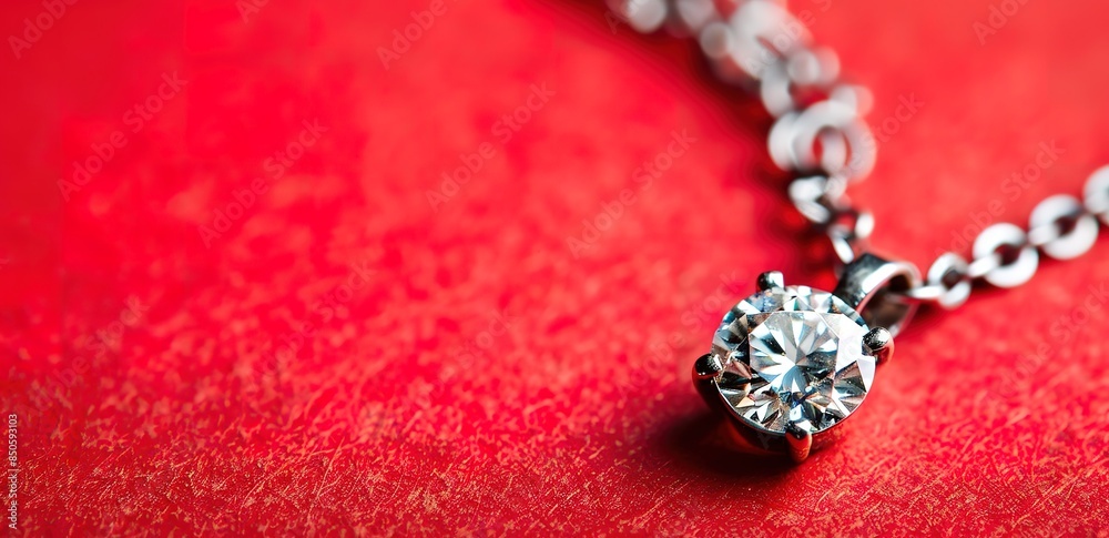 An iron chain necklace with a round diamond pendant on a red background