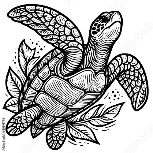 turtle isolated on white, turtle swimming illustration, line art