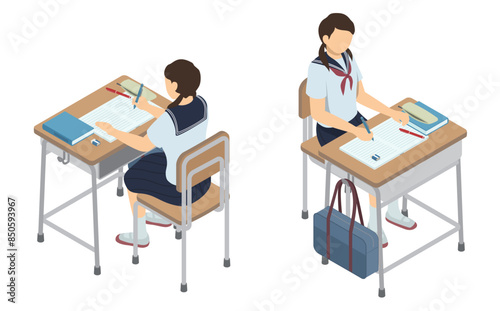 アイソメトリックイラスト：学校の机で勉強する女子生徒(夏服)