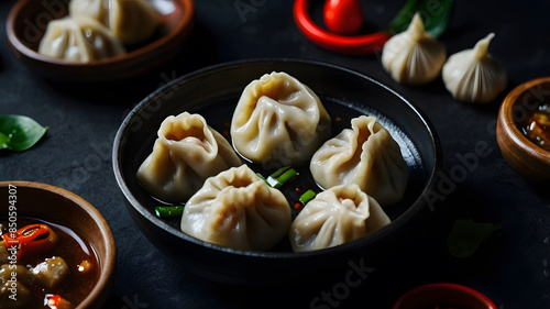 Delicious soft streamed dumplings in bowl with green vegetables or spicy chicken healthy momo food with juicy mouth-watering flavour photo