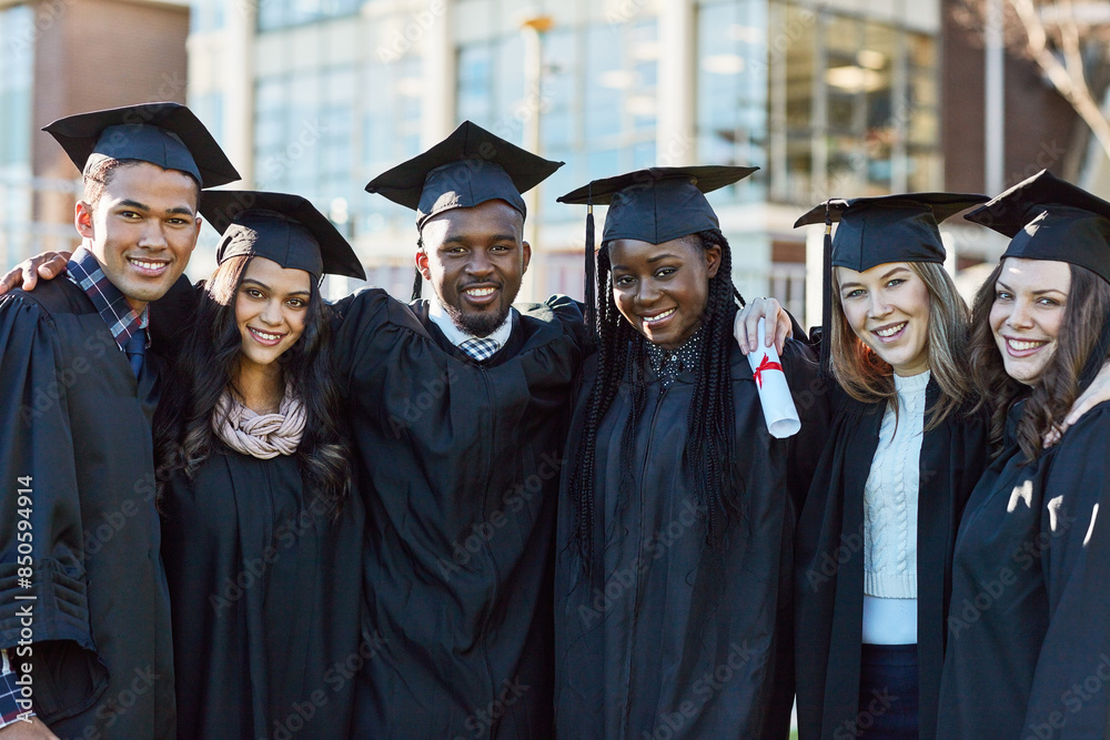 Obraz premium Hug, university and portrait of friends for graduation, ceremony and academic success. College, diversity and happy men and women on campus with achievement for education, learning and studying