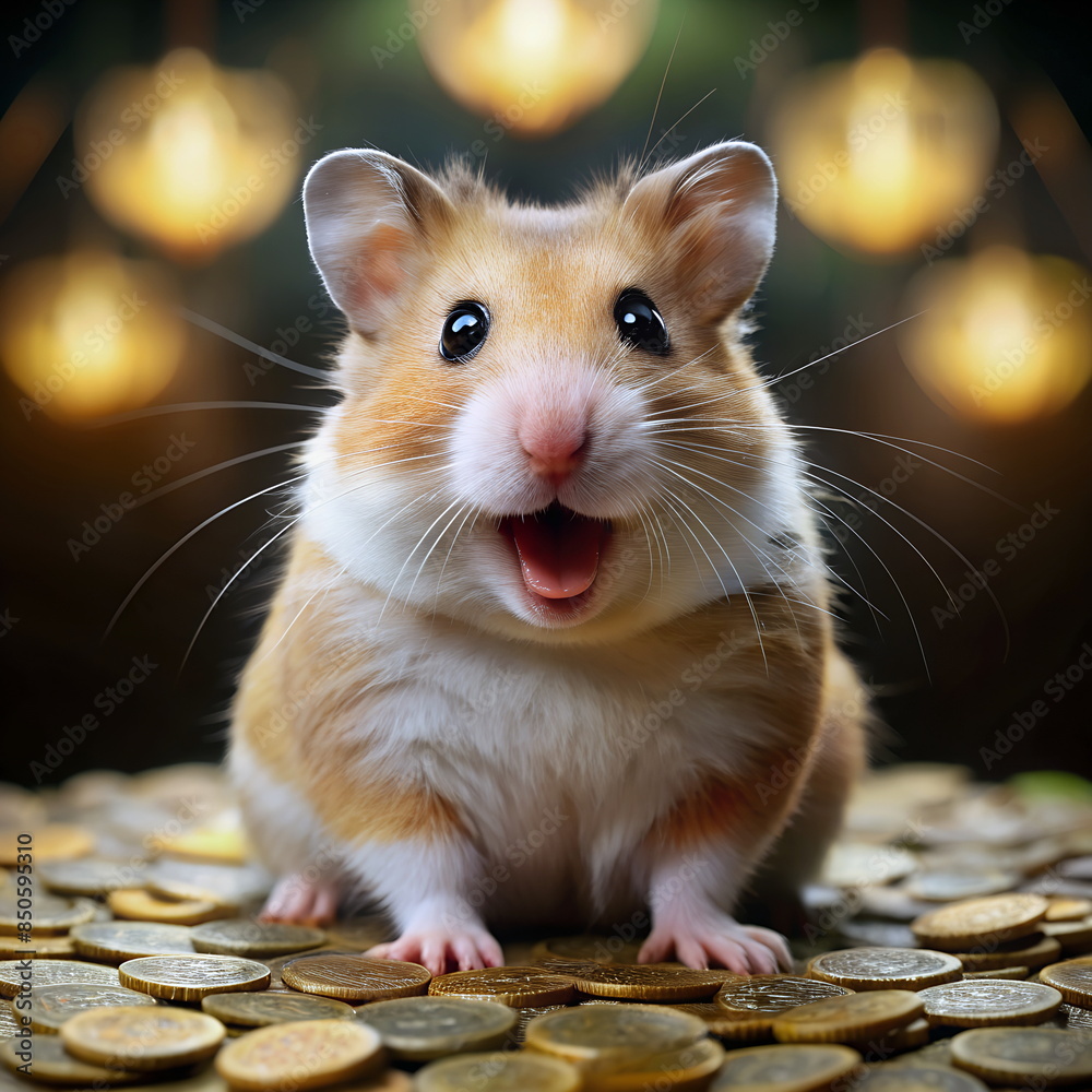 Surprised hamster and lot of golden coins money around it. Surprised hamster and lot of golden coins money around it.