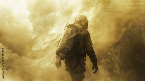 A man in a space suit is walking through a cloud of dust