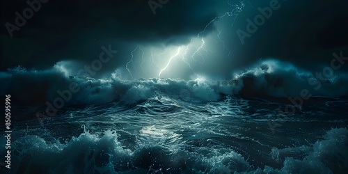 Stormy ocean under dark sky with lightning thunder and huge waves. Concept Stormy Weather, Ocean Dramatics, Lightning Strikes, Huge Waves, Dark Skies
