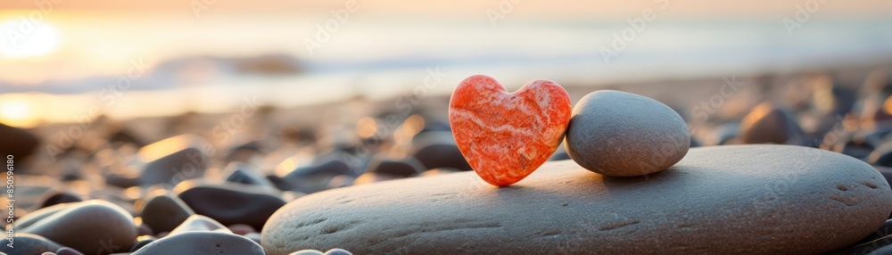 Obraz premium Two stone hearts (heart - shaped pebbles) on a wooden walkway of a beach at sunset 