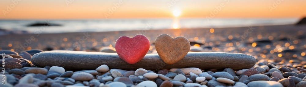Fototapeta premium Two stone hearts (heart - shaped pebbles) on a wooden walkway of a beach at sunset 