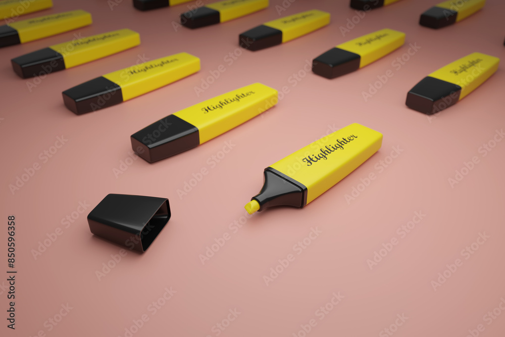 Close up of a yellow highlighter. 3d illustration. Close up of a yellow highlighter. 3d illustration.