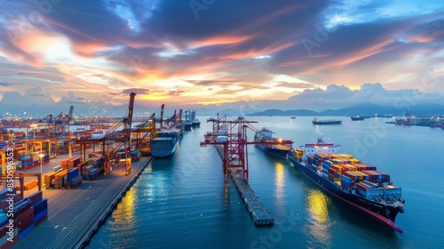 A port at dawn with the soft colors of the morning sky reflected in the calm waters, containers neatly arranged and cranes ready to start the day