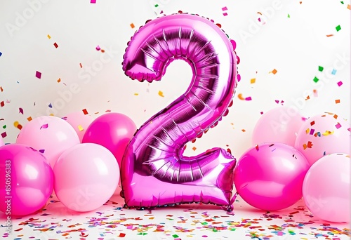 Pink-themed second birthday party decor with balloons, confetti, and a white backdrop.