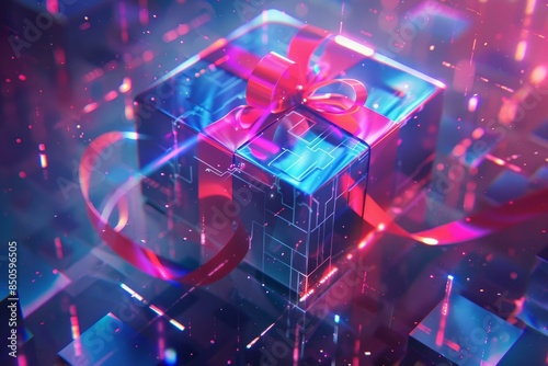 Vibrant 3drendered image of a neonlit gift box with digital ribbons in a virtual environment photo