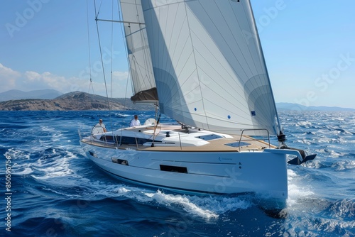 Solo sailor navigating a modern white sailboat across the vast expanse of the open ocean