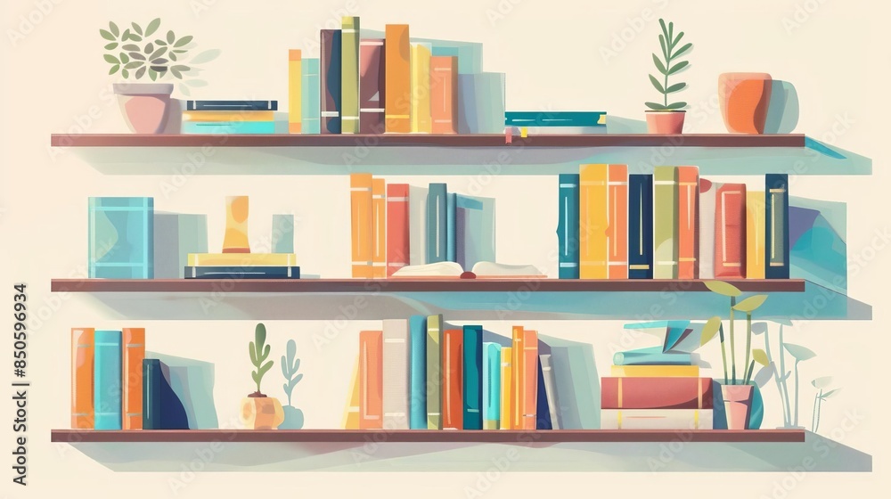 books on shelves flat design top view quiet library theme water color colored pastel books on shelves flat design top view quiet library theme water color colored pastel