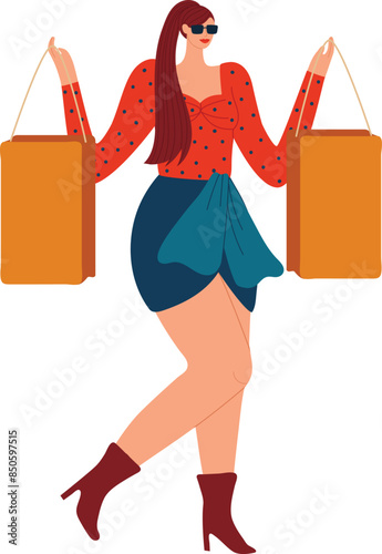 Fashionable woman shopping bags stylish outfit. Red polka dot shirt skirt sunglasses high heels. Shopping spree fashion retail therapy cheerful female character