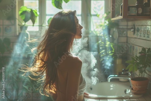 A woman stands at her bathroom sink, using a hair dryer to style her hair after a refreshing shower. The steam from the shower still lingers in the air, adding a sense of freshness to the scene. This